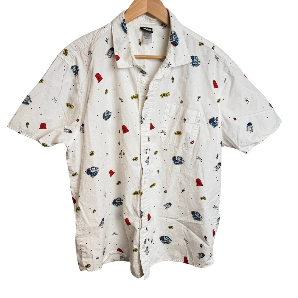 Star Wars Mens White Surf Shirt Millennium Falcon R2-D2 Chewbacca XL Print Geek
